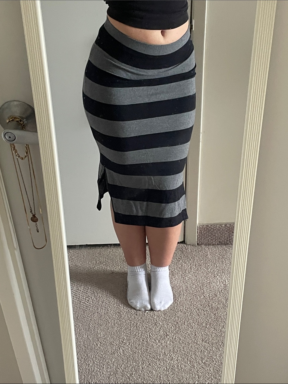 Suzy Shier Black and Gray Striped Midi Skirt